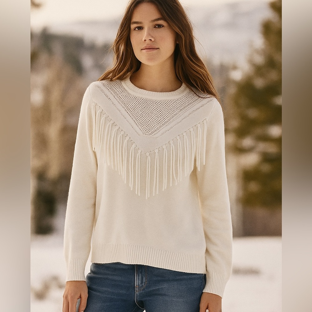 MARELLA Ivory Fringe Pullover Sweater XS off-white cream‎ tassels neutral jumper